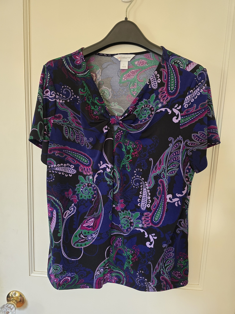 Liz Claiborne Navy Paisley Twist-Front Short Sleeve Top